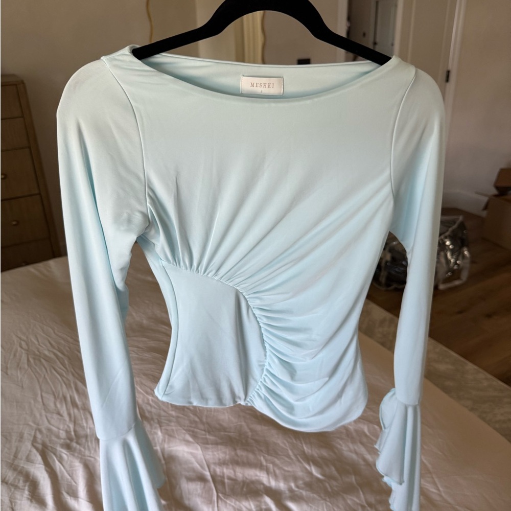 Meshki Light Blue Ruched Long Sleeve Blouse Never Worn New